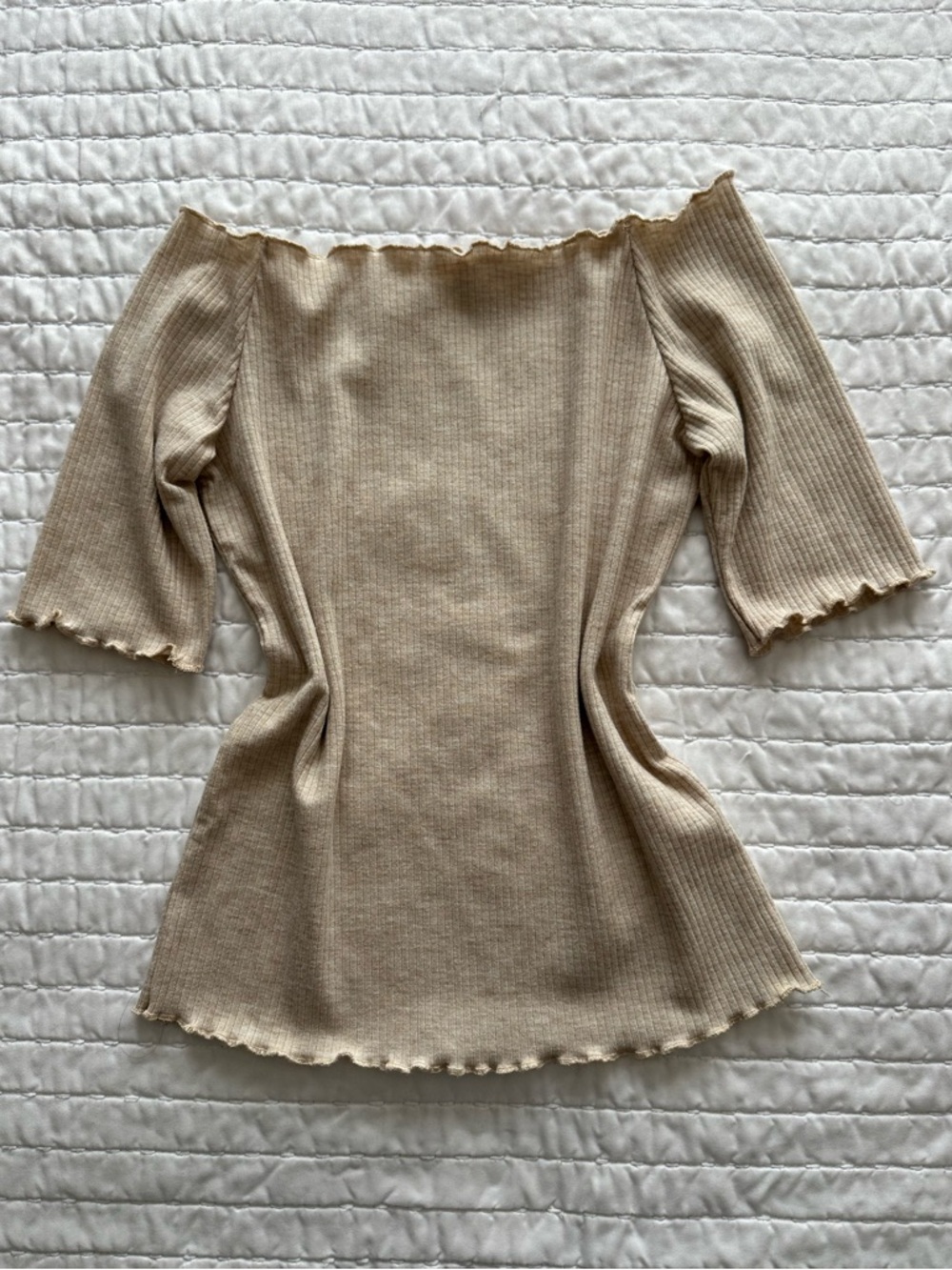Caution To The Wind Ribbed Off-Shoulder Top in Beige